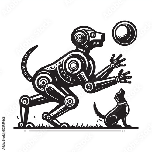 Futuristic Woman with Robotic Dog Playing Fetch. A stylized illustration of a woman with robotic limbs leading a mechanical dog on a leash.