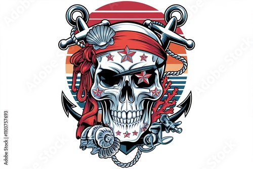 Stylized illustration of a skull with nautical symbols and vibrant colors, featuring a bandana and marine elements photo