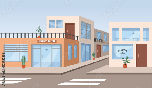 Shop illustration. Outlet. Department store. Market. Supermarket. Mart. Emporium. Chain store. Hypermarket. Cafe. Building illustration.
