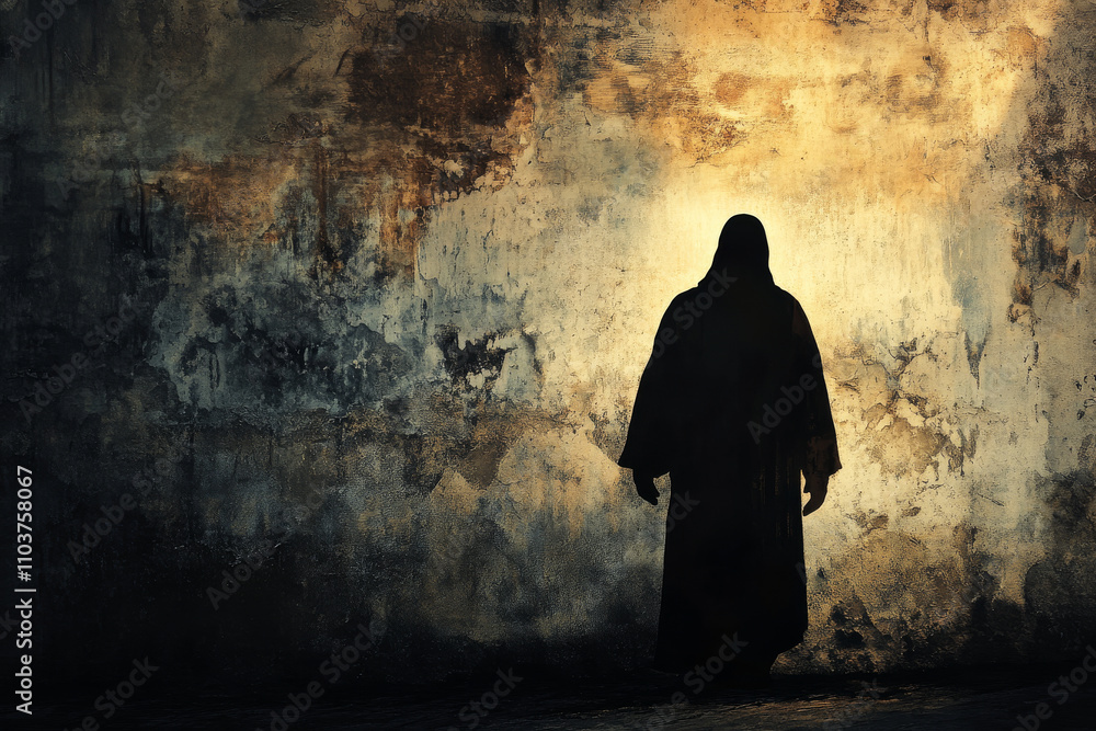 A powerful digital illustration of the silhouette of Jesus Christ standing in front of a distressed grunge wall. The dark tones of the wall contrast with the figure of Christ, symbolizing sacrifice, A powerful digital illustration of the silhouette of Jesus Christ standing in front of a distressed grunge wall. The dark tones of the wall contrast with the figure of Christ, symbolizing sacrifice,