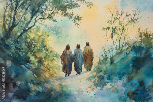 Jesus walking on the road to Emmaus with two disciples, sharing insights and peace. The watercolor uses soft greens, blues, and browns to convey revelation, divine presence, and fellowship.