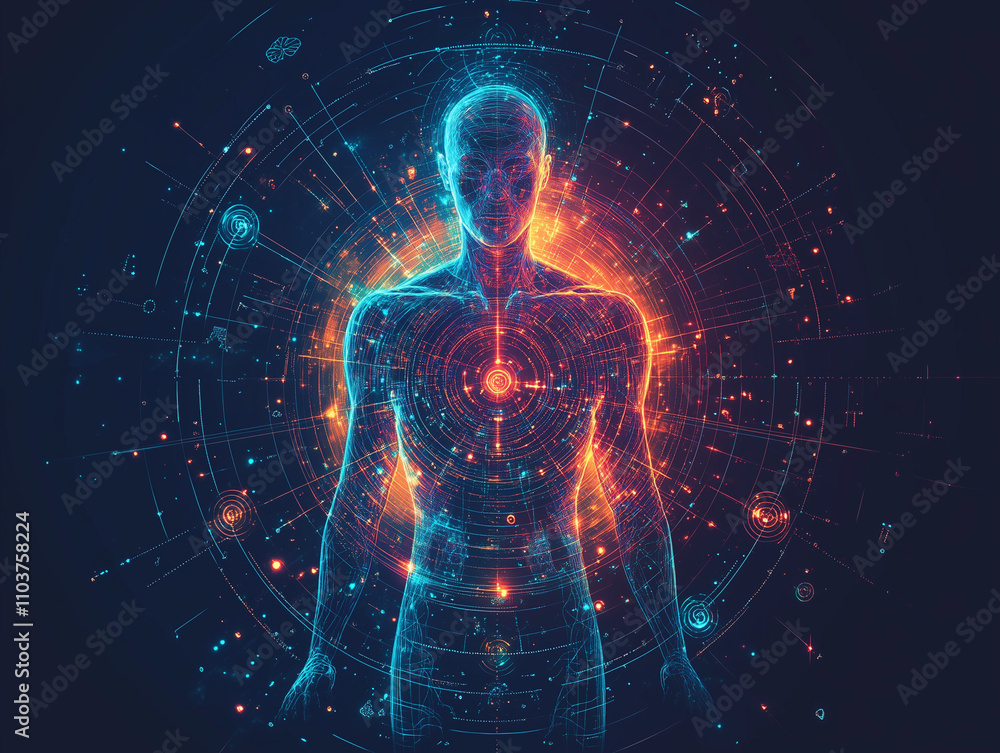 Abstract depiction of human body with glowing energy patterns. Abstract depiction of human body with glowing energy patterns.