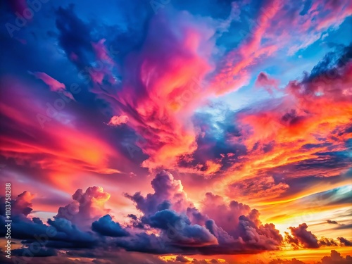 Panoramic View of Vibrant Sunset Clouds with Rose, Scarlet, and Blue Tints, Perfect for Collages and Illustrations in a Natural Atmospheric Environment