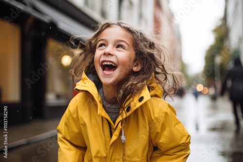 Portrait of a cute little girl in a yellow raincoat on the street