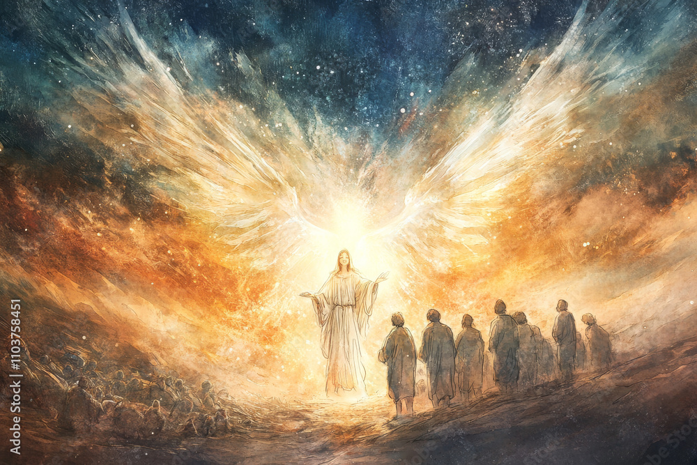 A serene digital watercolor scene of an angel descending from the heavens, surrounded by a soft glow of light. The shepherds stand in awe, with their faces filled with wonder and awe as the angel A serene digital watercolor scene of an angel descending from the heavens, surrounded by a soft glow of light. The shepherds stand in awe, with their faces filled with wonder and awe as the angel