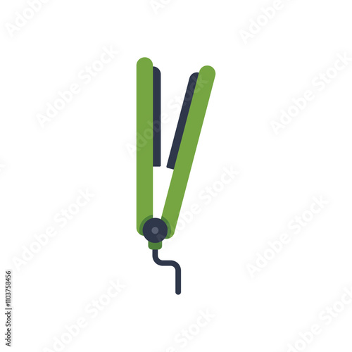 Green hair straightener with black plates and a cord, for straightening hair and creating a hairstyle