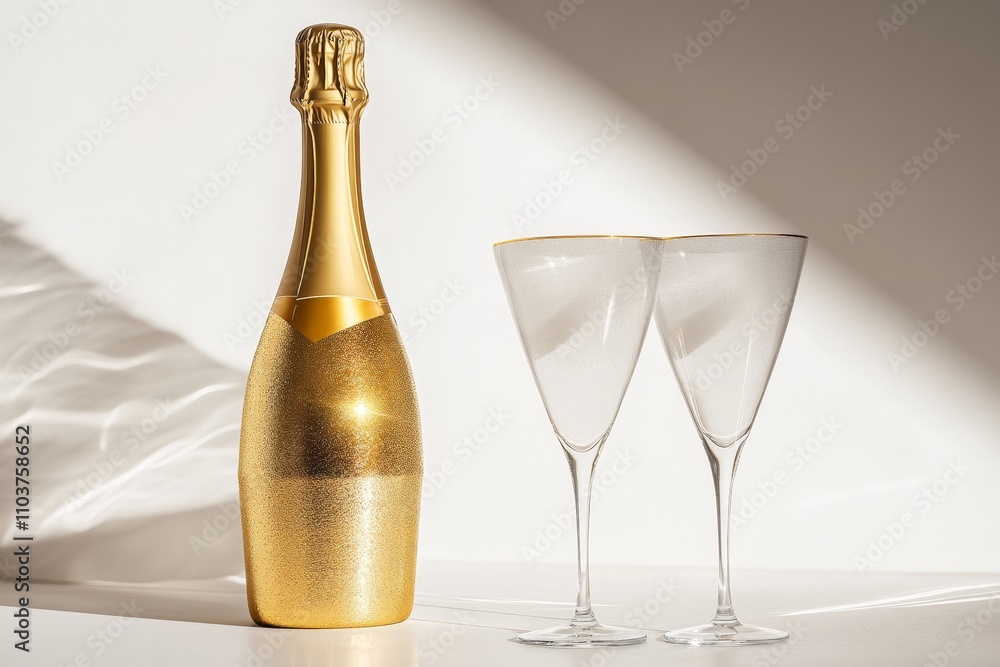 Elegant Golden Champagne Bottle with Two Crystal Flutes for Celebratory Events, Weddings, and New Year’s Toasts in Soft Natural Light Elegant Golden Champagne Bottle with Two Crystal Flutes for Celebratory Events, Weddings, and New Year’s Toasts in Soft Natural Light