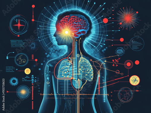 Human anatomy with neural and biological systems visualization on dark background. 