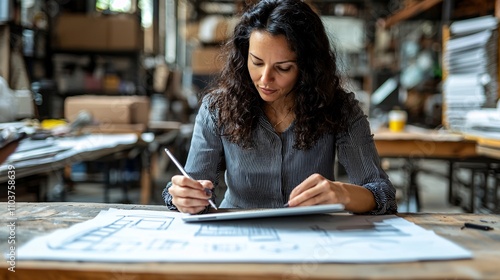 A female tech visionary sketching ideas for sustainable energy solutions on a digital tablet Stock Photo with side copy space photo