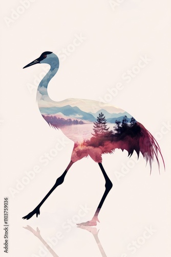 Elegant Crane with Mountain Landscape Silhouette - Artistic Wildlife Illustration and Nature-Inspired Design for Home Decor and Art Projects photo