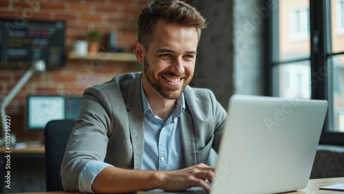 Smiling businessman using laptop for email, coding, or web development: Productivity and communication in office