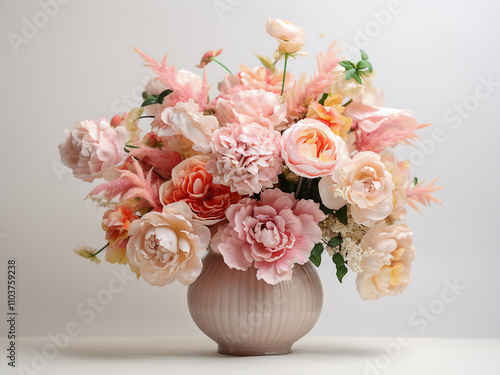 Romantic vintage bouquet with carnations and small branches on a white backdrop