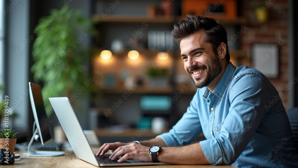 Smiling businessman using laptop for email, coding, or web development: Productivity and communication in office Smiling businessman using laptop for email, coding, or web development: Productivity and communication in office