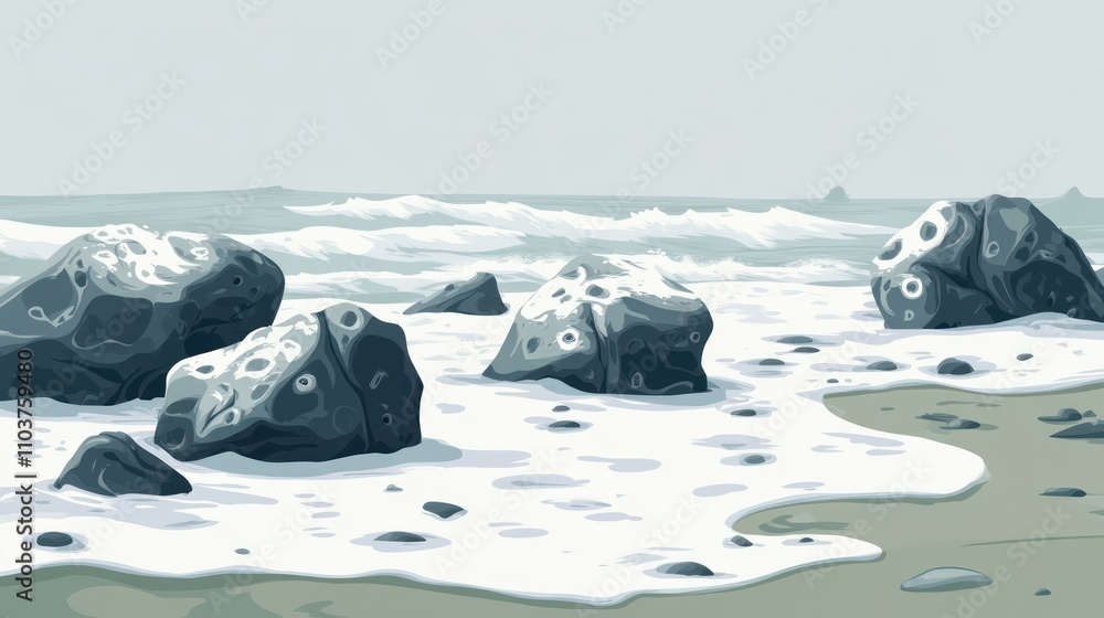 Fototapeta premium A serene beach scene featuring rocks and gentle waves.