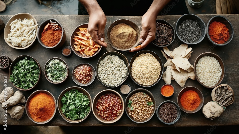 Assortment of spices, grains, and herbs in bowls on a wooden table viewed from above, highlighting a variety of culinary ingredients and textures for cooking. Assortment of spices, grains, and herbs in bowls on a wooden table viewed from above, highlighting a variety of culinary ingredients and textures for cooking.