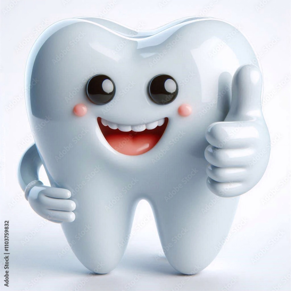 Smiling 3D tooth showing thumb up on white background, dental care and hygiene concept Smiling 3D tooth showing thumb up on white background, dental care and hygiene concept