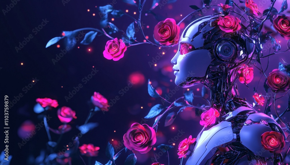 Fototapeta premium A futuristic robot entwined in holographic vines represents the fusion of technology and romance, celebrating innovation love in Valentine's.