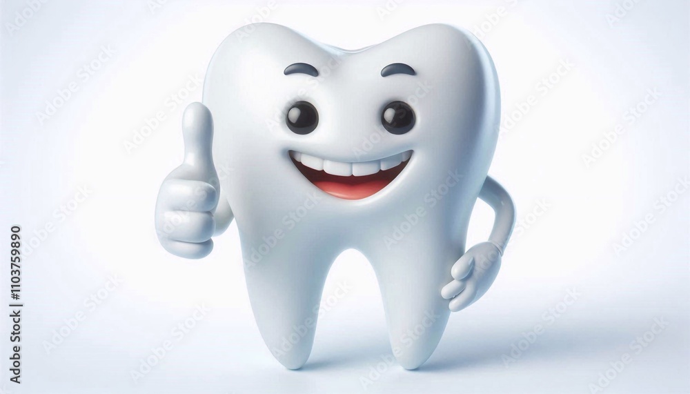 Smiling 3D tooth showing thumb up on white background, dental care and hygiene concept Smiling 3D tooth showing thumb up on white background, dental care and hygiene concept