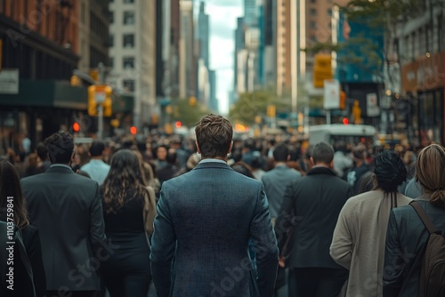 Anonymous Businessman Walking Diverse City Crowd Sunlight