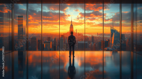 Businessperson Gazing at the Cityscape at Sunset