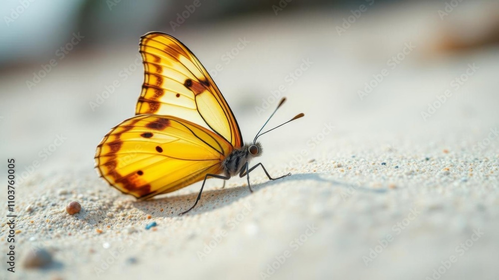 Butterfly prepona laerte resting gracefully on the sandy shore of a beach, vibrant, wildlife