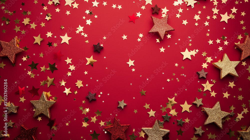 Gold glitter, stars and confetti on red background, top view. Gold confetti on color background, festive background. New Year, Christmas or holiday background. Empty space for text Gold glitter, stars and confetti on red background, top view. Gold confetti on color background, festive background. New Year, Christmas or holiday background. Empty space for text