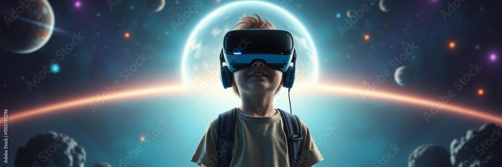Child wearing virtual reality headset exploring space in a colorful and exciting adventure game, game, space Child wearing virtual reality headset exploring space in a colorful and exciting adventure game, game, space