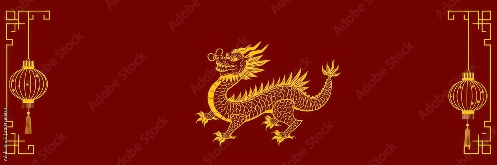 Chinese New Year dragon line art featuring intricate details and flowing lines, festival, gold Chinese New Year dragon line art featuring intricate details and flowing lines, festival, gold