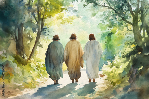 Jesus walking on the road to Emmaus with two disciples, sharing insights and peace. The watercolor uses soft greens, blues, and browns to convey revelation, divine presence, and fellowship.