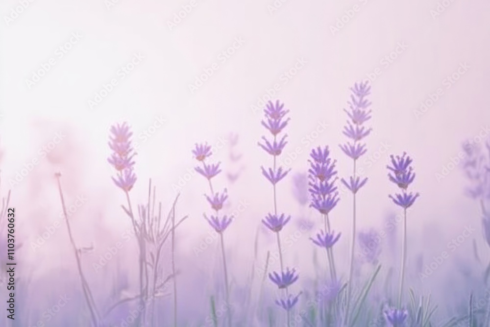 Naklejka premium A serene field of lavender flowers bathed in soft light, evoking calm and tranquility.