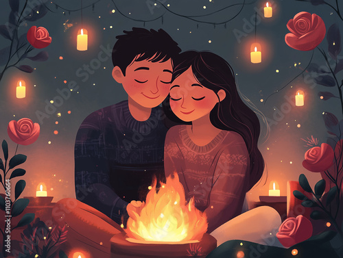 Romantic couple by firelight surrounded by candles and roses. 