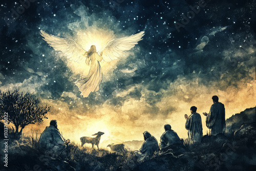 A digital watercolor illustration of an angel in the sky, illuminated by divine light, announcing the birth of Jesus to a group of startled shepherds. The peaceful night sky and the simple, humble photo