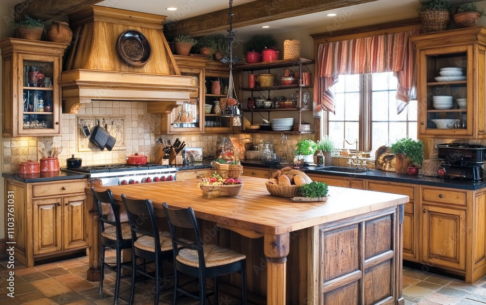 Farmhouse-style kitchen featuring a large island, wooden cabinets, vintage accessories, and open shelving, blending rustic charm with a modern design for a cozy, inviting atmosphere.
Farmhouse-style kitchen featuring a large island, wooden cabinets, vintage accessories, and open shelving, blending rustic charm with a modern design for a cozy, inviting atmosphere.