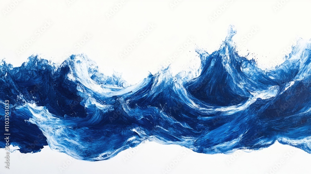 Deep blue ocean waves crashing dramatically against a pristine white background, showcasing vibrant hues and dynamic movement in an artistic portrayal.