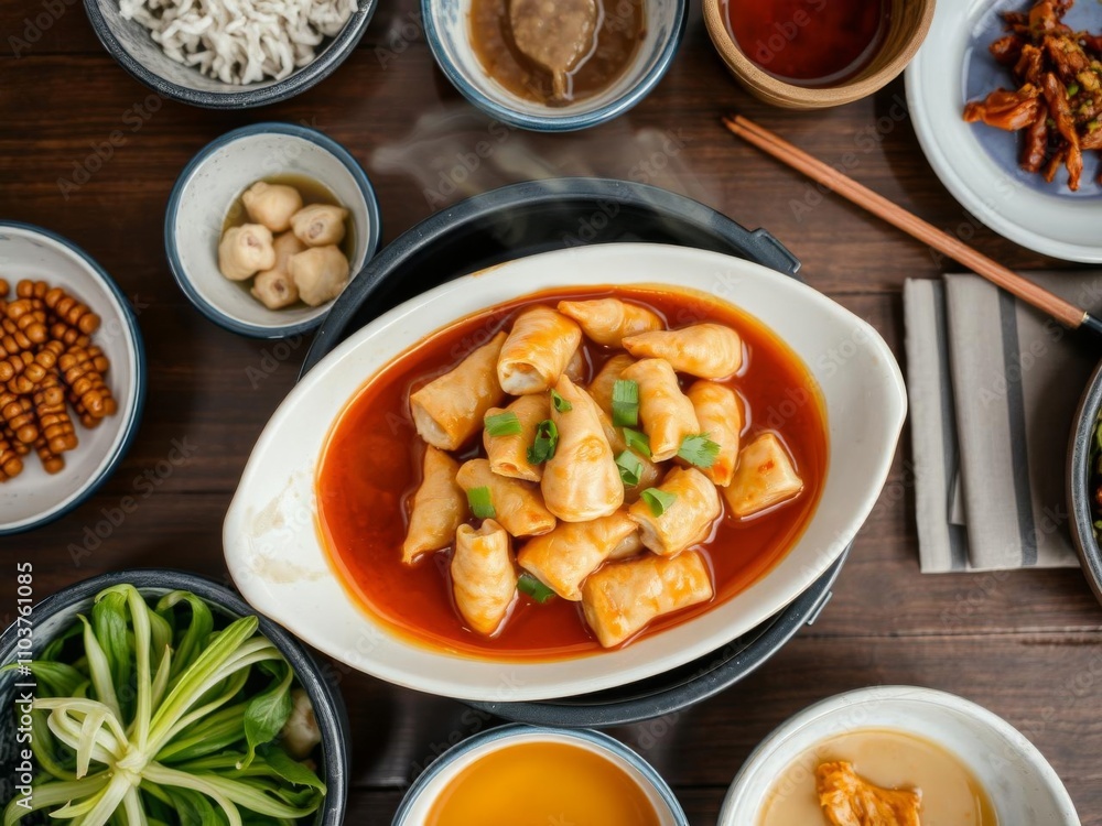 Close-up of a traditional Hangzhou cuisine dish, West Lake fish in vinegar gravy, served in a decorative bowl on a wooden table, Songsaoyu, gourmet Close-up of a traditional Hangzhou cuisine dish, West Lake fish in vinegar gravy, served in a decorative bowl on a wooden table, Songsaoyu, gourmet
