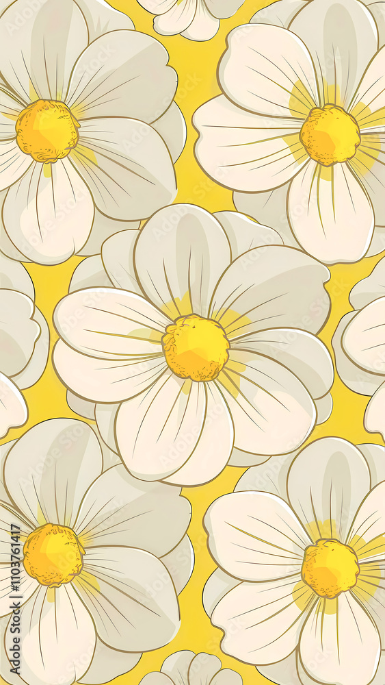 Obraz premium White Flowers with Yellow Centers, Lovely and Minimalist Pattern Design, Great for Wallpapers, Textiles, and Stationary