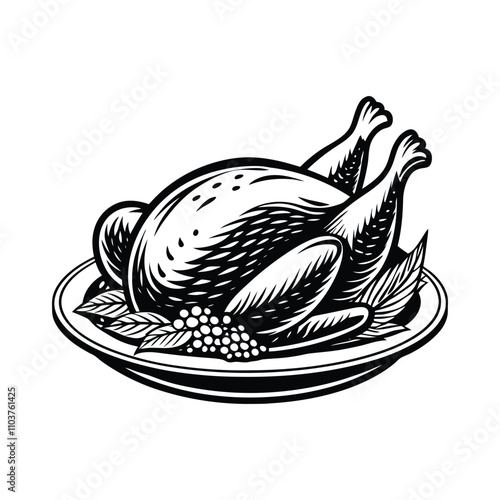 Roasted chicken on a platter, garnished with herbs. It's a classic Thanksgiving or Sunday dinner image.