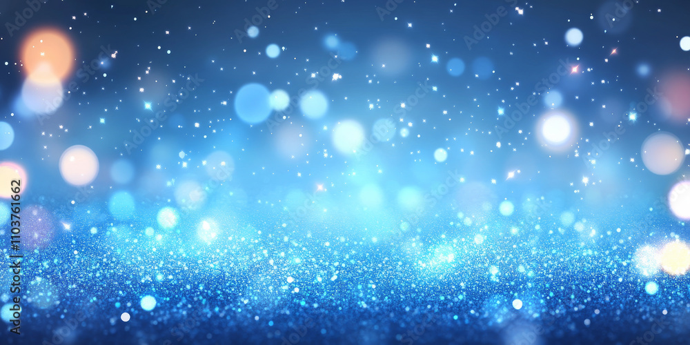 Fototapeta premium Abstract blue glitter sparkle background, filled with radiant sapphire and cobalt tones. Defocused light creates soft, glowing bokeh in layered dimensions.