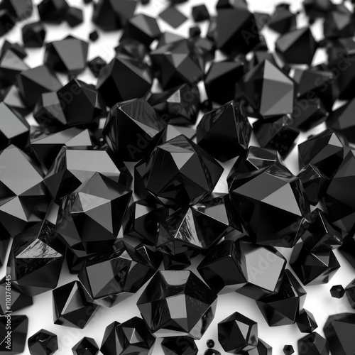 black geometric crystals, scattered pattern, glossy surface, high contrast, sharp edges, abstract art, minimalistic background, futuristic design, 3D rendering, monochrome palette
 photo