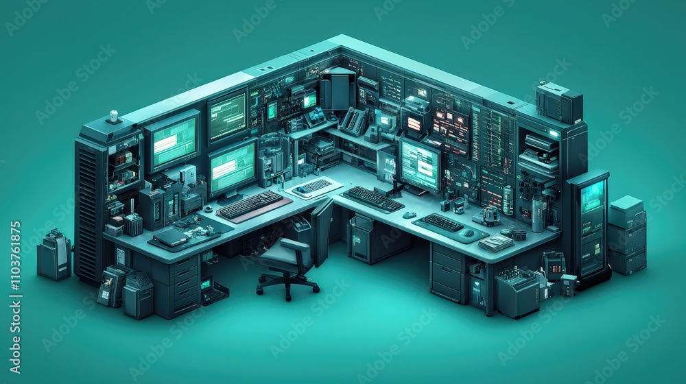Isometric Illustration of an Advanced IT Security Control Room Isometric Illustration of an Advanced IT Security Control Room