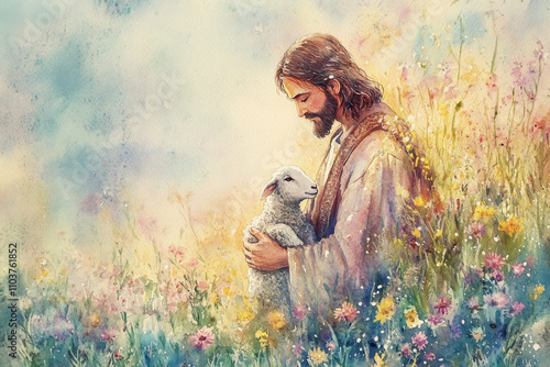A gentle watercolor painting of Jesus with a lamb in his arms, standing in a field surrounded by wildflowers. Soft pastel tones create an aura of peace and kindness.