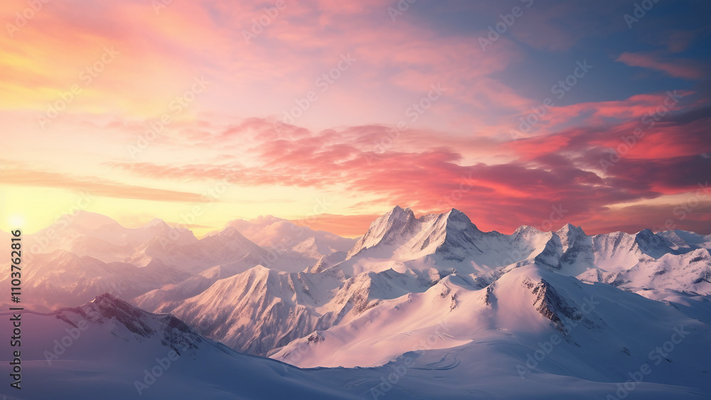 Majestic Mountain Range at Sunrise. Stunning Winter Landscape, Inspiring Scenery, Breathtaking View Majestic Mountain Range at Sunrise. Stunning Winter Landscape, Inspiring Scenery, Breathtaking View