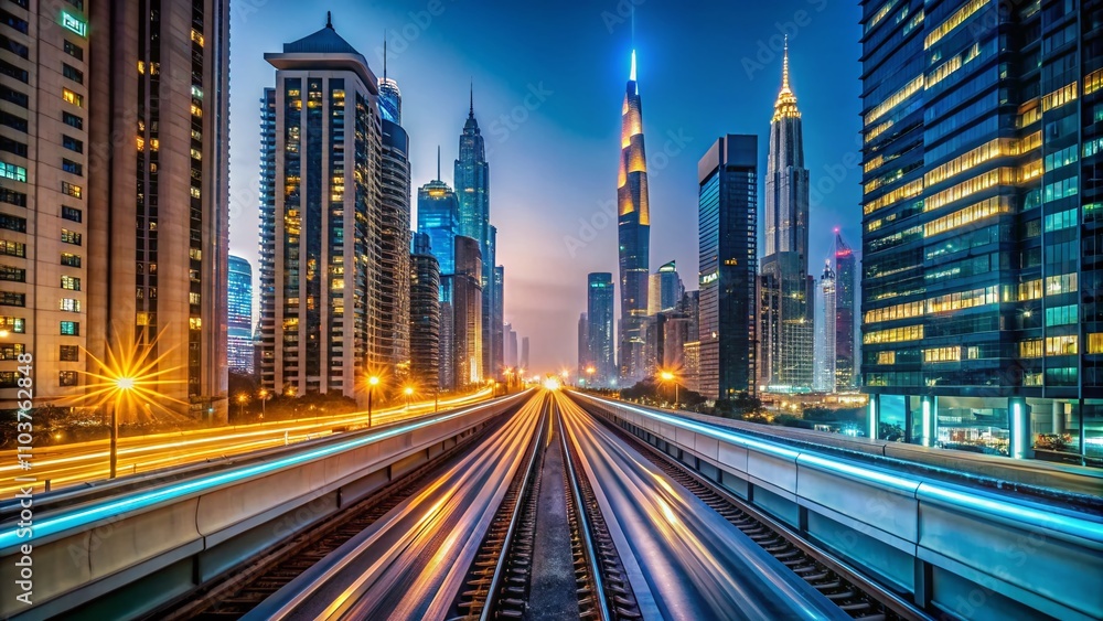 Fototapeta premium POV Timelapse Sequence of Dubai Metro Ride Along Sheikh Zayed Road on a Sunny Day, Showcasing Dubai’s Modern Architecture and Urban Landscape in the UAE