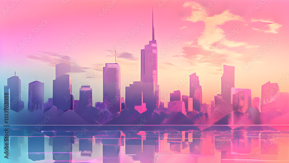 Soft pastel gradient with faint city skyline silhouettes and glitch textures Soft pastel gradient with faint city skyline silhouettes and glitch textures