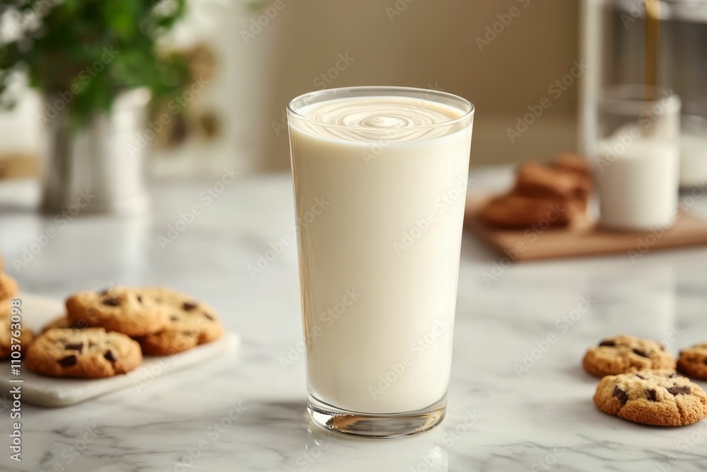 Milk glass, chocolate chip cookies, marble table. Milk glass, chocolate chip cookies, marble table.