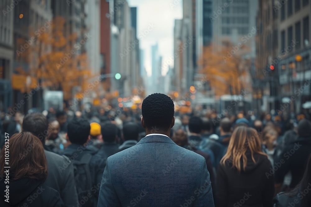 Anonymous Commuter Walking Away in Crowded City Sunlight Anonymous Commuter Walking Away in Crowded City Sunlight