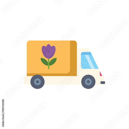 Simple flat illustration of a delivery truck with a tulip on its side, bringing flowers to customers