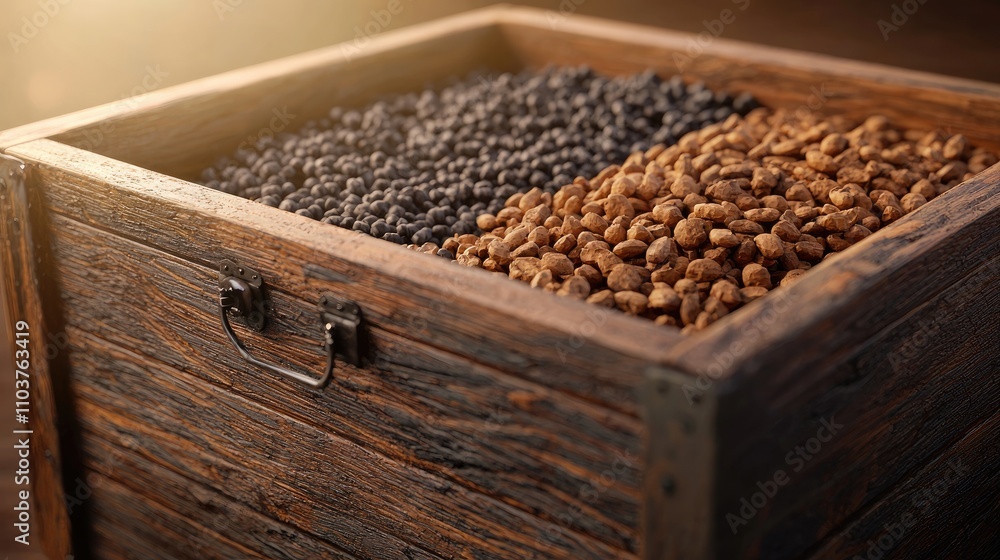 Medicine chinese treatment concept. A wooden box filled with two types of grains, one dark and one light, illuminated by soft light, creating a rustic ambiance. Medicine chinese treatment concept. A wooden box filled with two types of grains, one dark and one light, illuminated by soft light, creating a rustic ambiance.