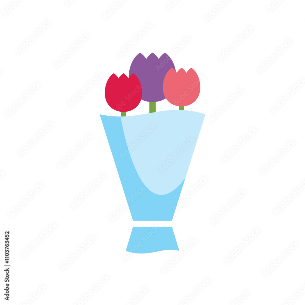 Bouquet of colorful tulips wrapped in blue paper, perfect for conveying joy and celebration Bouquet of colorful tulips wrapped in blue paper, perfect for conveying joy and celebration