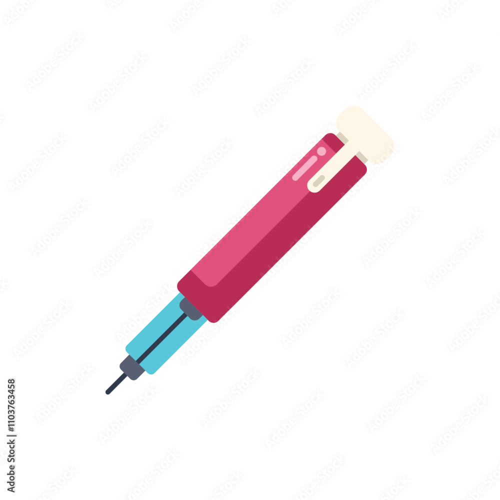 Pink syringe with needle pointing downwards, isolated on white background Pink syringe with needle pointing downwards, isolated on white background